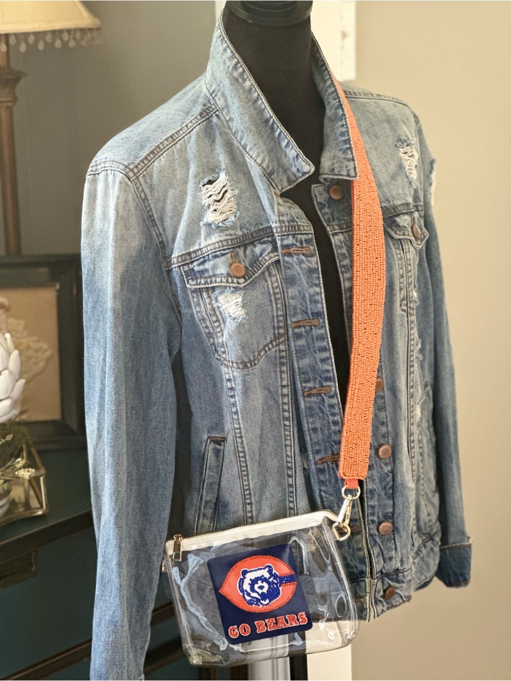 Chicago Bears Football Rhinestone Stadium Crossbody Bag with Orange Beaded Strap